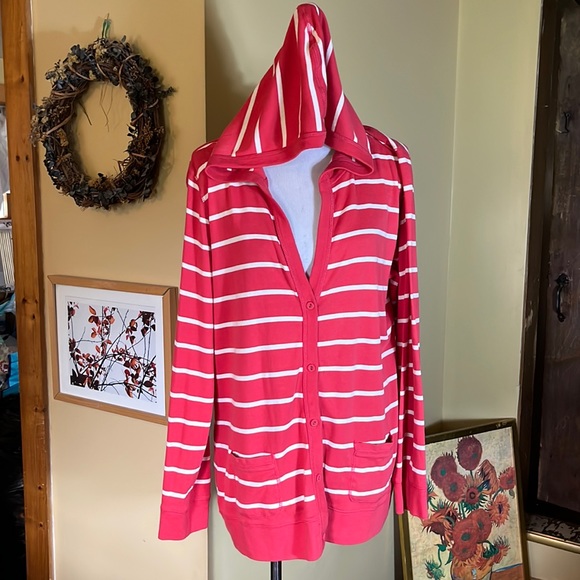 RALPH LAUREN Jeans Company Size XL 
Buttonfront Hoodie 100% Cotton Striped VNeck - Picture 1 of 14